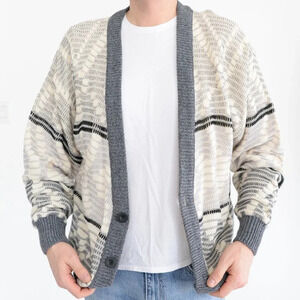 Vintage '90s Sears Wool Blend Cream and Grey Eclectic Grandpa Cardigan Sweater M